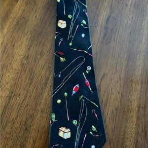 Crescent Bay Black Silk Tie with Red, Green & Blue Fishing Accents